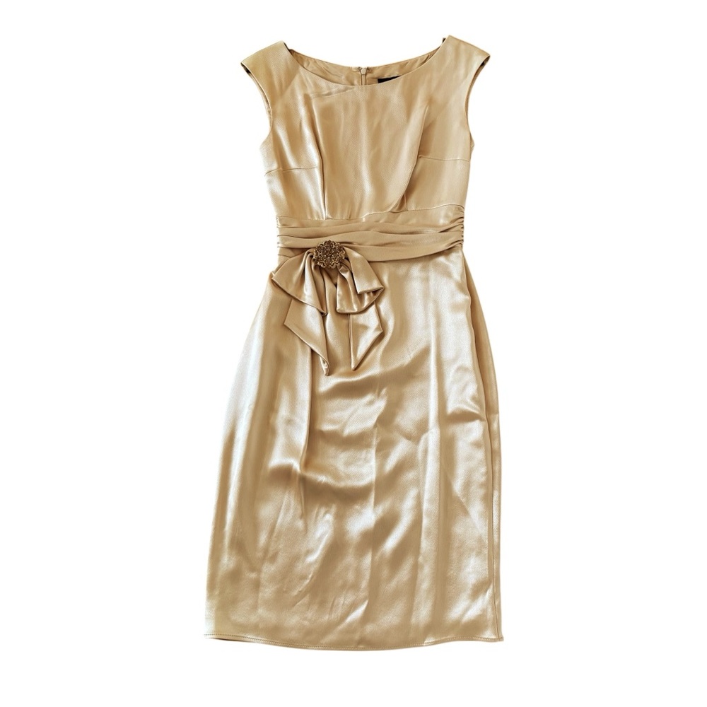 A.B.S Allen Schwartz Cream Satin Gold Sheath Dress with Decorative Sash size 2